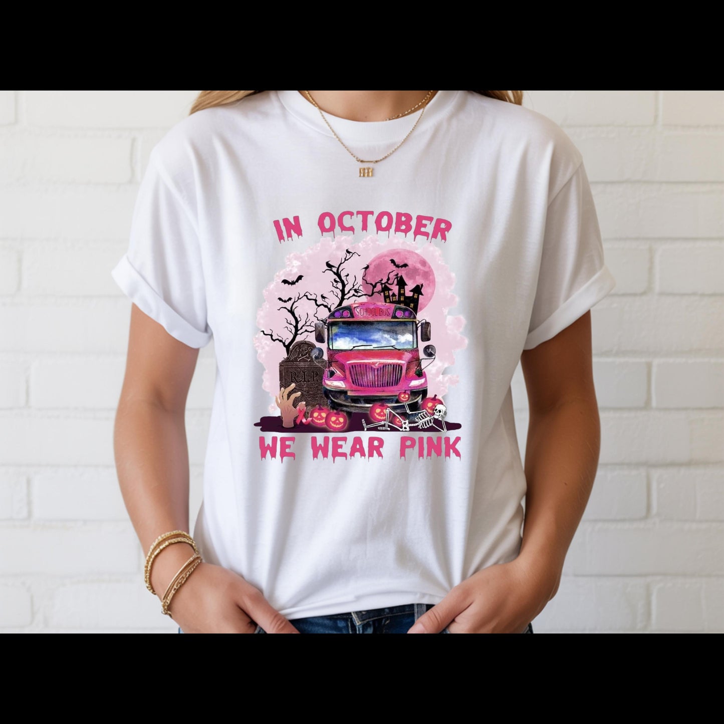 In October We Wear Pink Shirt | Breast Cancer Awareness Halloween Tee | Pink School Bus Shirt | October Awareness T-Shirt