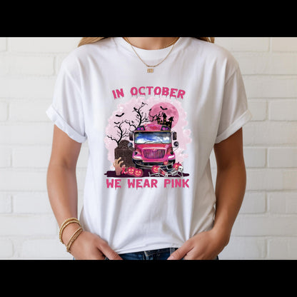 In October We Wear Pink Shirt | Breast Cancer Awareness Halloween Tee | Pink School Bus Shirt | October Awareness T-Shirt