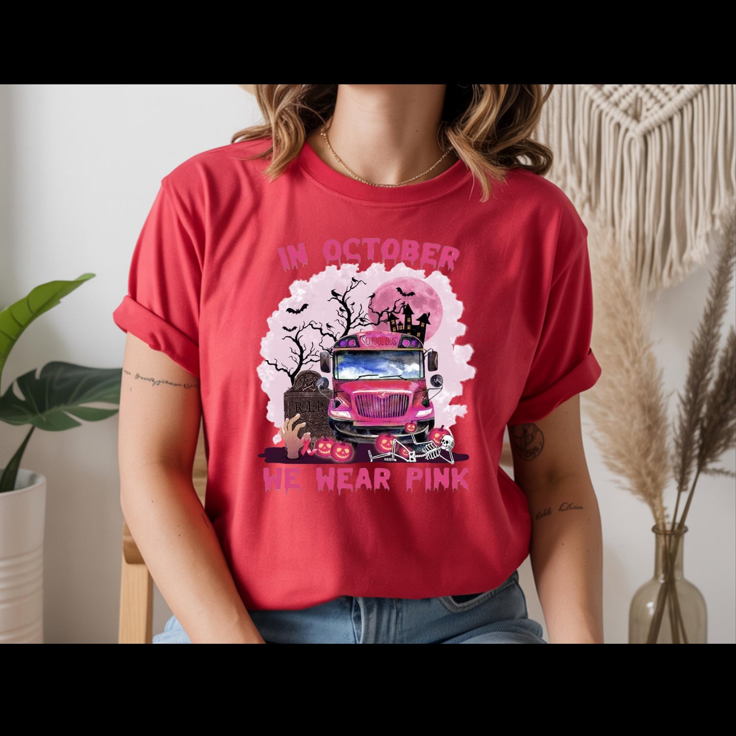 In October We Wear Pink Shirt | Breast Cancer Awareness Halloween Tee | Pink School Bus Shirt | October Awareness T-Shirt