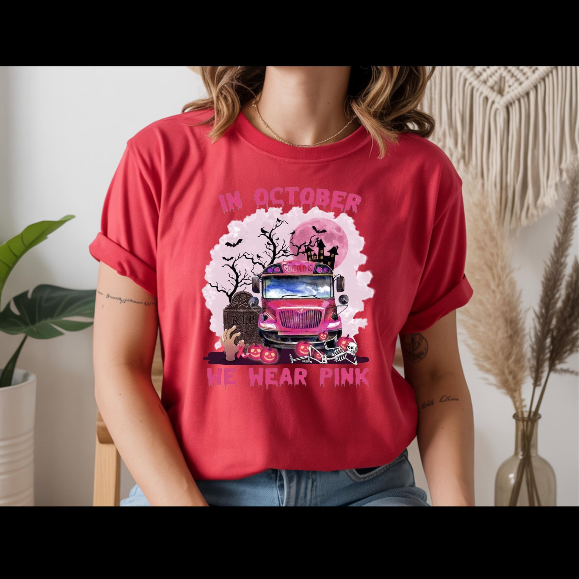 In October We Wear Pink Shirt | Breast Cancer Awareness Halloween Tee | Pink School Bus Shirt | October Awareness T-Shirt