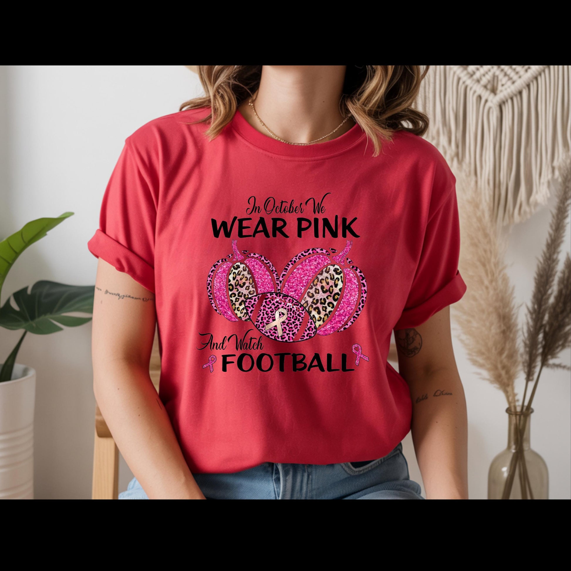 In October We Wear Pink and Watch Football Shirt | Breast Cancer Awareness Football Tee | Pink Out Game Day Shirt
