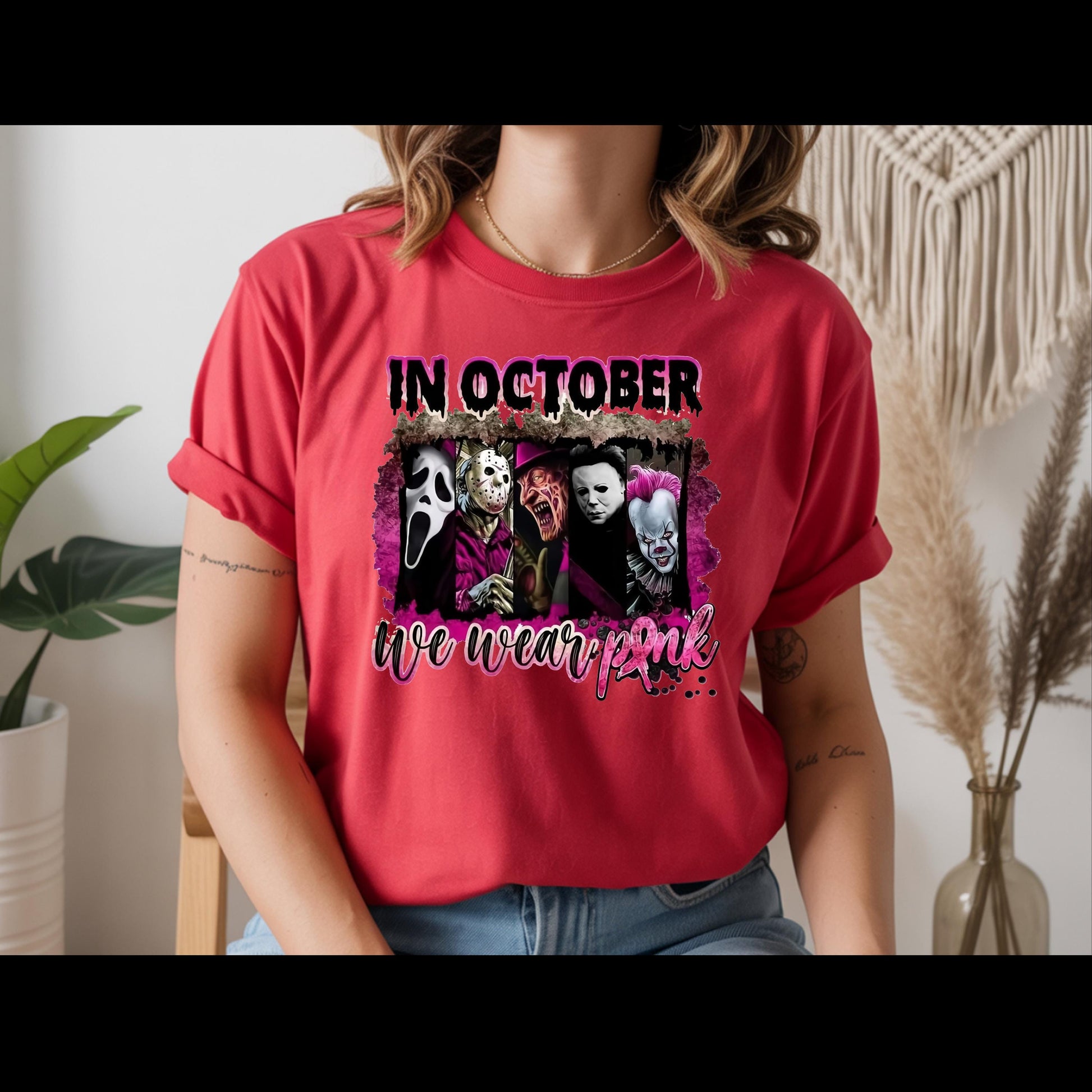 In October We Wear Pink Horror Shirt | Breast Cancer Awareness Halloween Tee | Spooky Pink Out Shirt