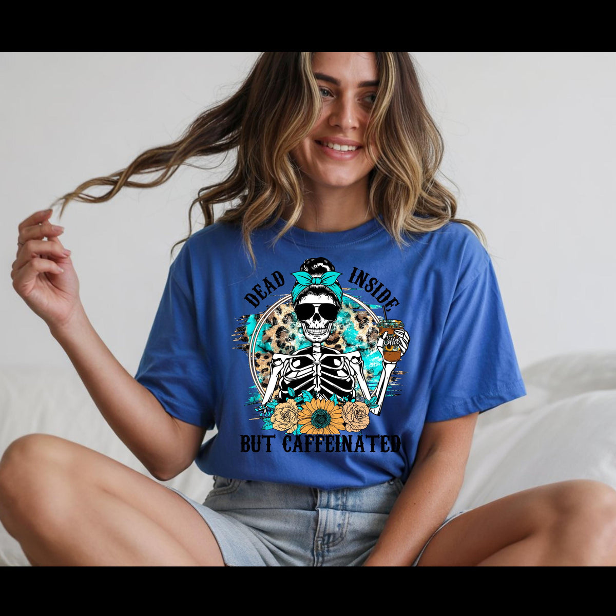 Dead Inside But Caffeinated Shirt | Funny Coffee Skeleton Tee | Sarcastic Coffee Lover T-Shirt