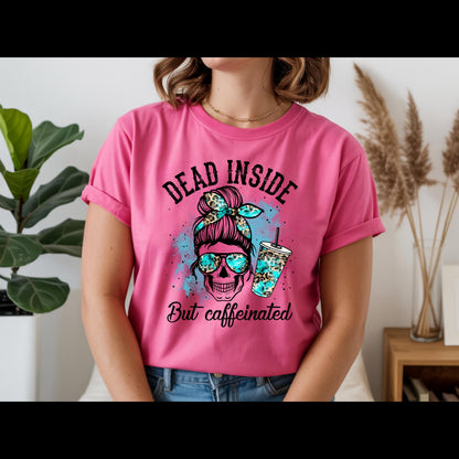 Dead Inside But Caffeinated Shirt | Funny Coffee Skull Tee | Turquoise Leopard Coffee Lover Shirt
