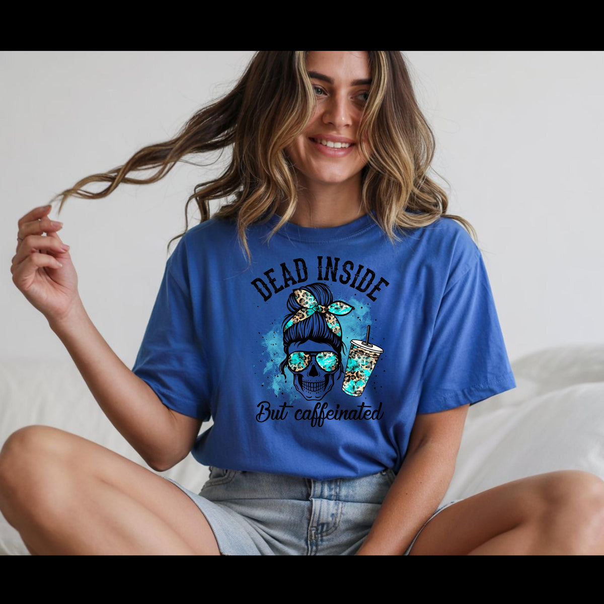 Dead Inside But Caffeinated Shirt | Funny Coffee Skull Tee | Turquoise Leopard Coffee Lover Shirt