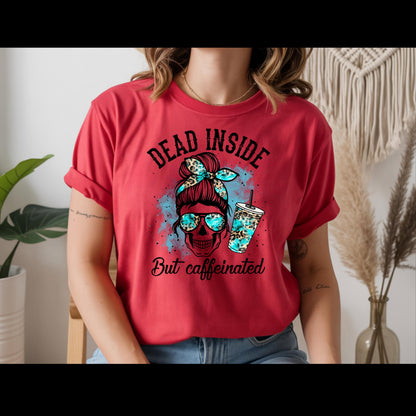 Dead Inside But Caffeinated Shirt | Funny Coffee Skull Tee | Turquoise Leopard Coffee Lover Shirt