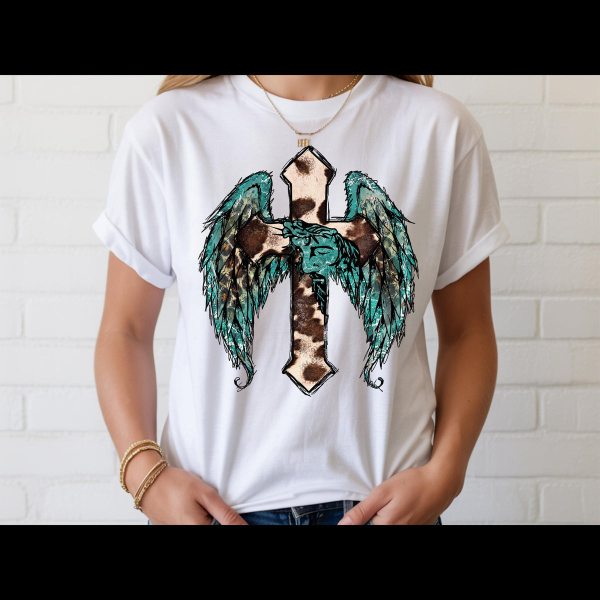 Western Cross with Angel Wings Shirt | Cow Print Christian Tee | Turquoise Faith Shirt
