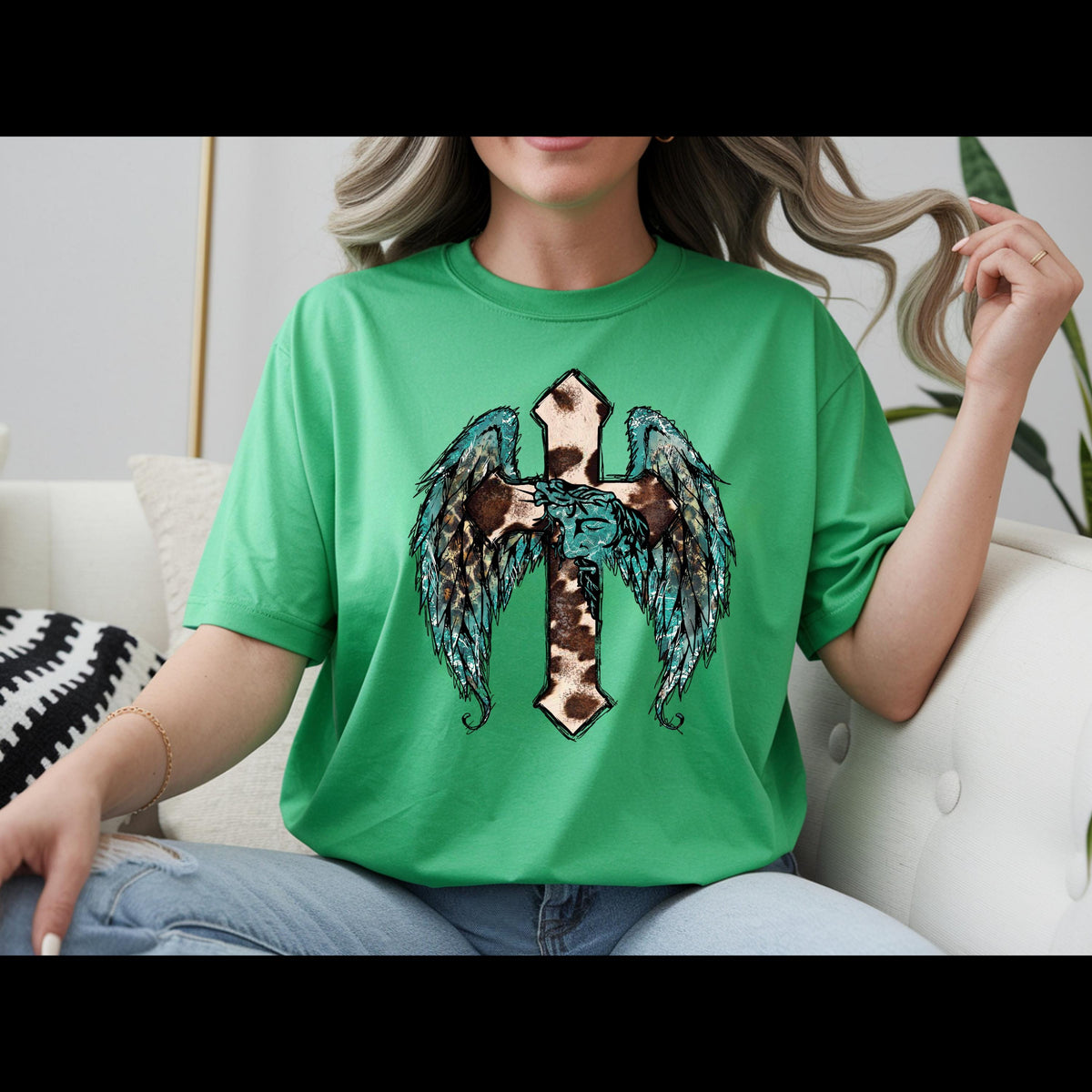 Western Cross with Angel Wings Shirt | Cow Print Christian Tee | Turquoise Faith Shirt