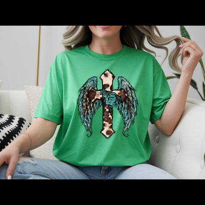 Western Cross with Angel Wings Shirt | Cow Print Christian Tee | Turquoise Faith Shirt
