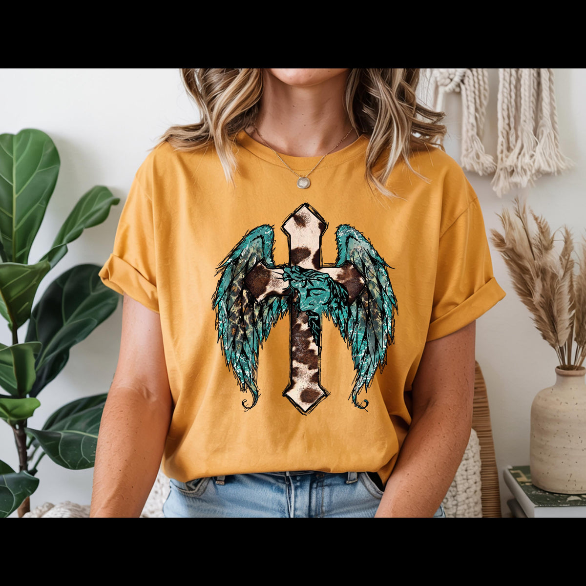 Western Cross with Angel Wings Shirt | Cow Print Christian Tee | Turquoise Faith Shirt