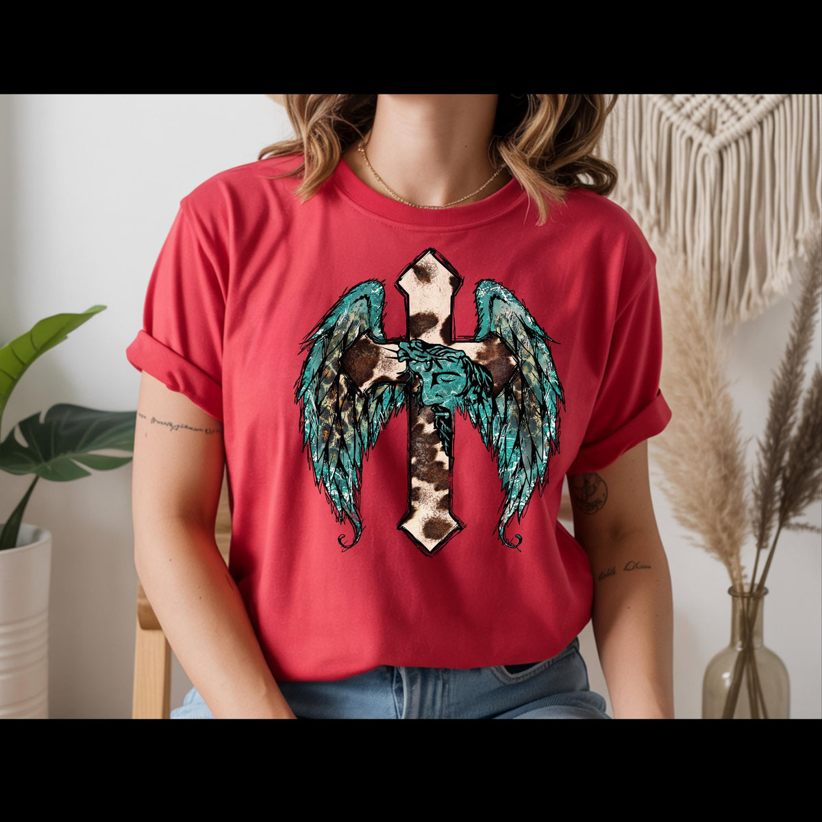 Western Cross with Angel Wings Shirt | Cow Print Christian Tee | Turquoise Faith Shirt