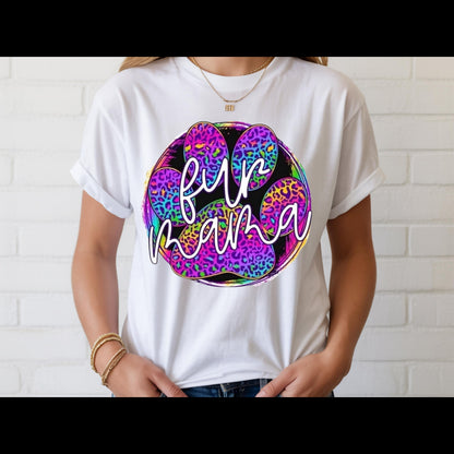 Fur Mama Shirt | Colorful Leopard Paw Dog Mom Tee | Pet Lover Graphic T-Shirt | Cute Puppy Mom Gift | Rainbow Animal Lover Top