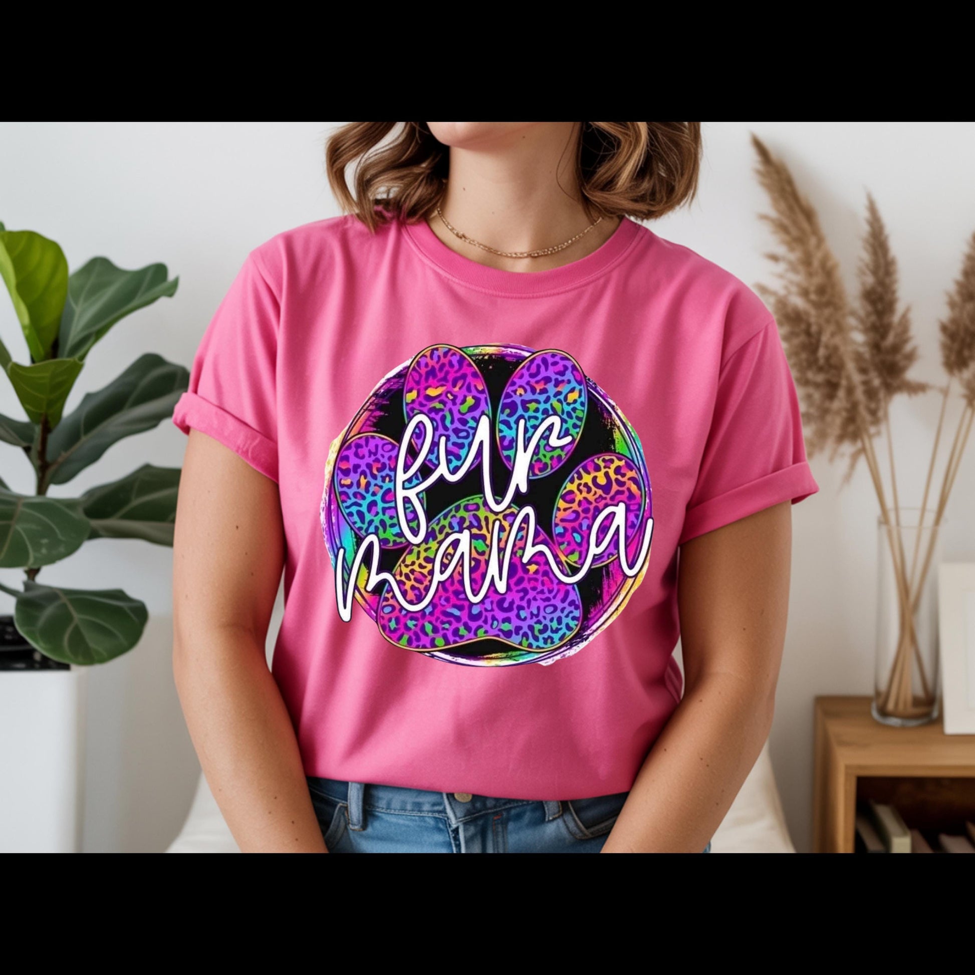 Fur Mama Shirt | Colorful Leopard Paw Dog Mom Tee | Pet Lover Graphic T-Shirt | Cute Puppy Mom Gift | Rainbow Animal Lover Top
