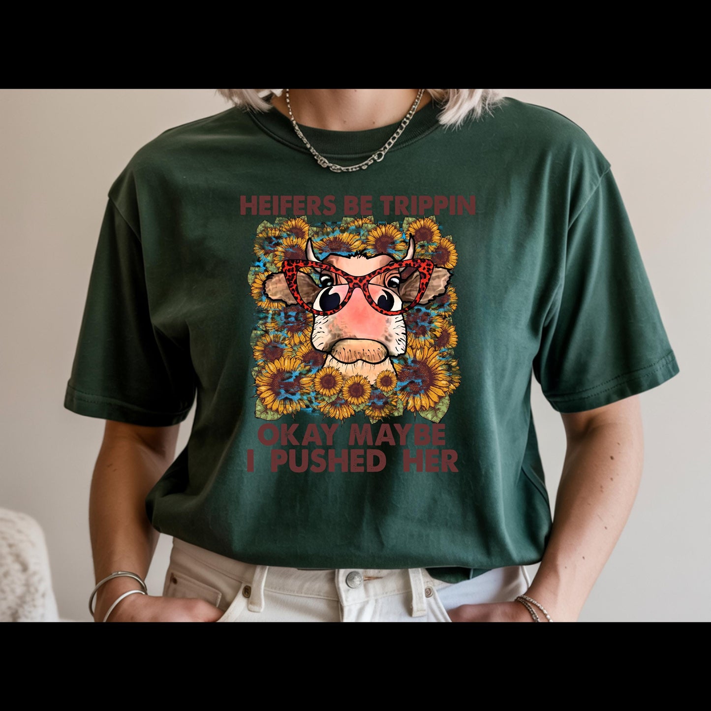 Heifers Be Trippin Shirt | Funny Cow Lover Tee | Farm Life Graphic T-Shirt | Country Girl Humor Shirt | Western Sunflower Cow Tee