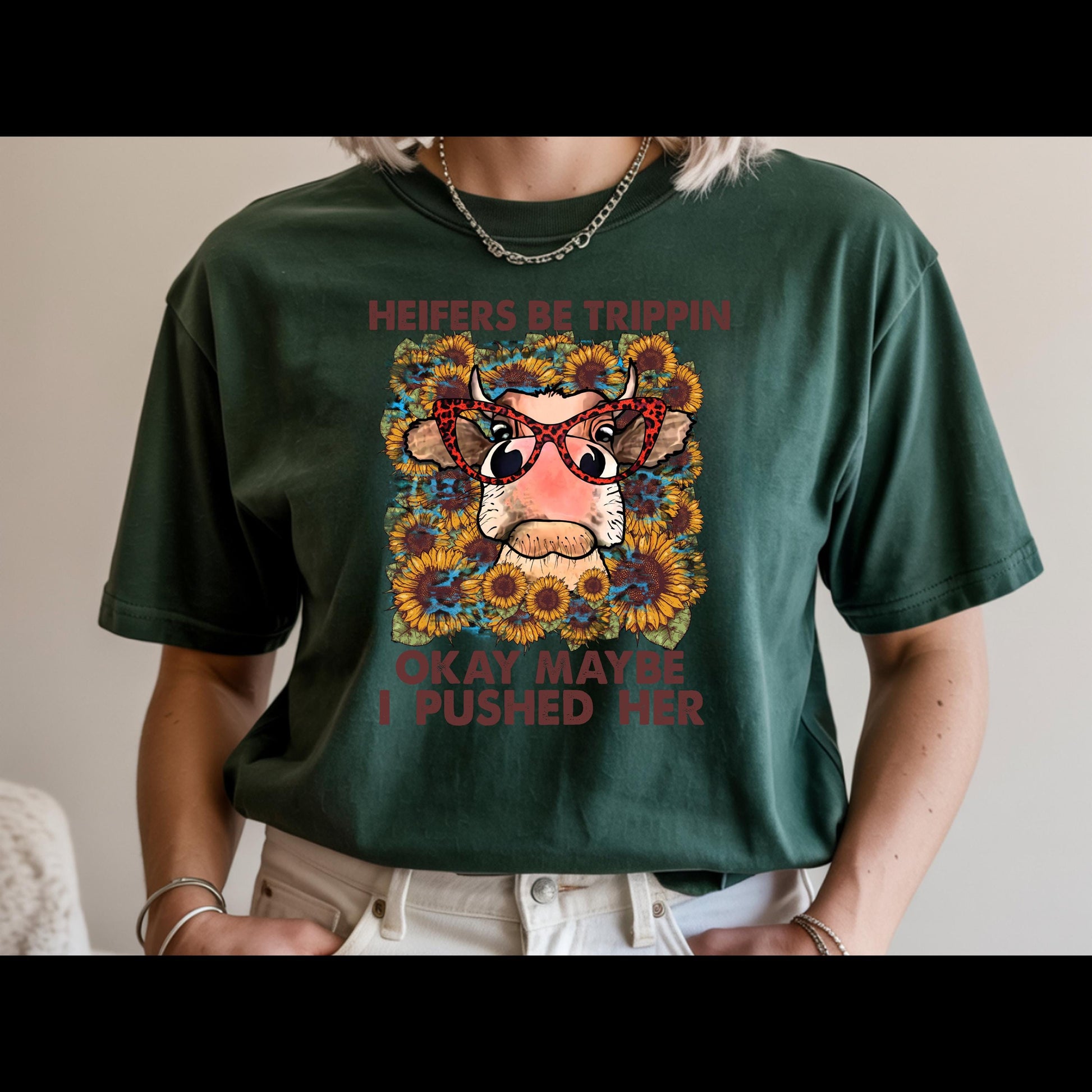 Heifers Be Trippin Shirt | Funny Cow Lover Tee | Farm Life Graphic T-Shirt | Country Girl Humor Shirt | Western Sunflower Cow Tee