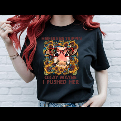 Heifers Be Trippin Shirt | Funny Cow Lover Tee | Farm Life Graphic T-Shirt | Country Girl Humor Shirt | Western Sunflower Cow Tee