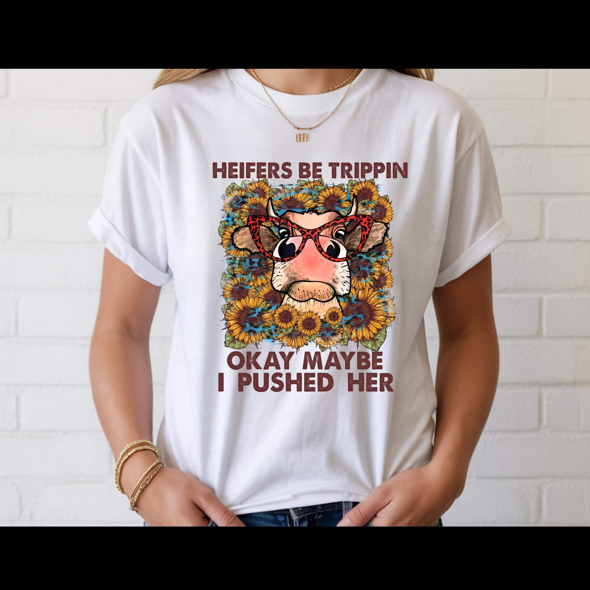 Heifers Be Trippin Shirt | Funny Cow Lover Tee | Farm Life Graphic T-Shirt | Country Girl Humor Shirt | Western Sunflower Cow Tee