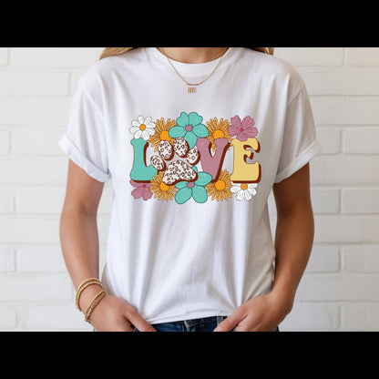 Love Paw Print Shirt | Dog Mom Floral Graphic Tee | Leopard Paw Pet Lover T-Shirt | Cute Fur Mama Gift | Boho Animal Lover Shirt