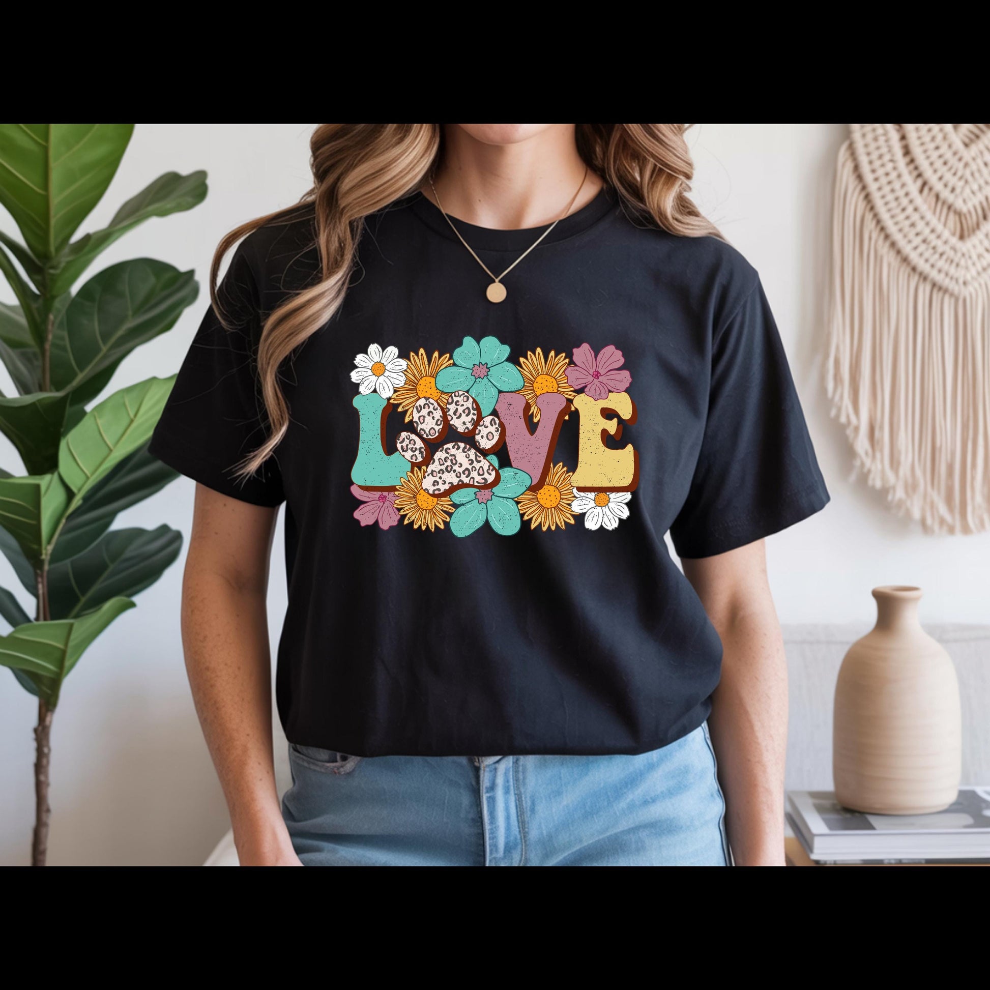 Love Paw Print Shirt | Dog Mom Floral Graphic Tee | Leopard Paw Pet Lover T-Shirt | Cute Fur Mama Gift | Boho Animal Lover Shirt