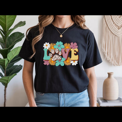Love Paw Print Shirt | Dog Mom Floral Graphic Tee | Leopard Paw Pet Lover T-Shirt | Cute Fur Mama Gift | Boho Animal Lover Shirt