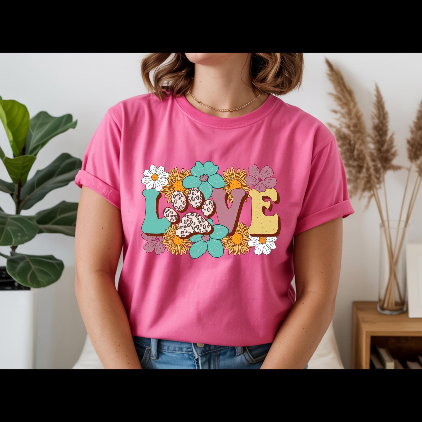 Love Paw Print Shirt | Dog Mom Floral Graphic Tee | Leopard Paw Pet Lover T-Shirt | Cute Fur Mama Gift | Boho Animal Lover Shirt