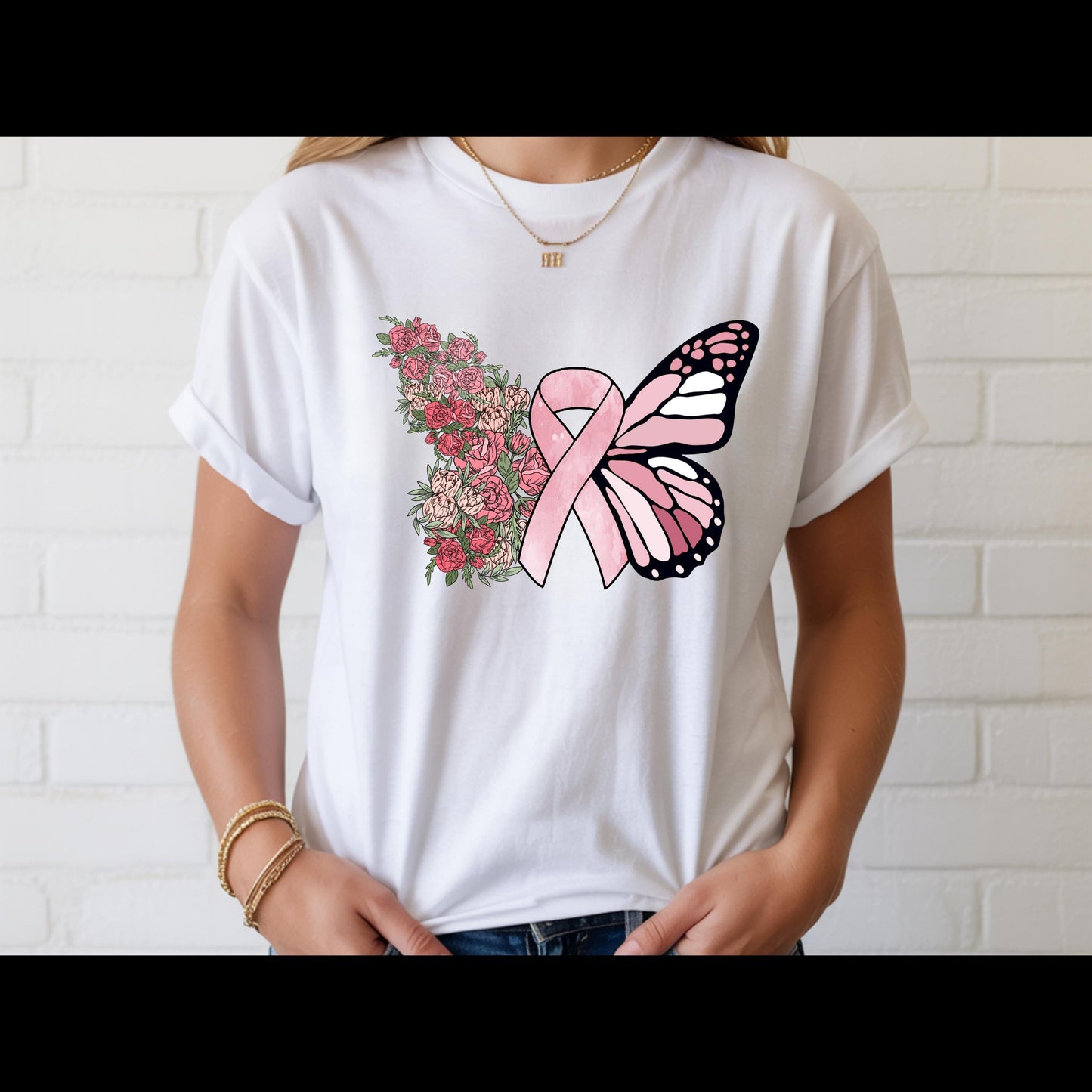 Breast Cancer Awareness Shirt | Pink Ribbon Butterfly Tee | Floral Hope T-Shirt | Breast Cancer Support Survivor Gift