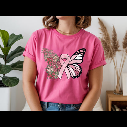 Breast Cancer Awareness Shirt | Pink Ribbon Butterfly Tee | Floral Hope T-Shirt | Breast Cancer Support Survivor Gift