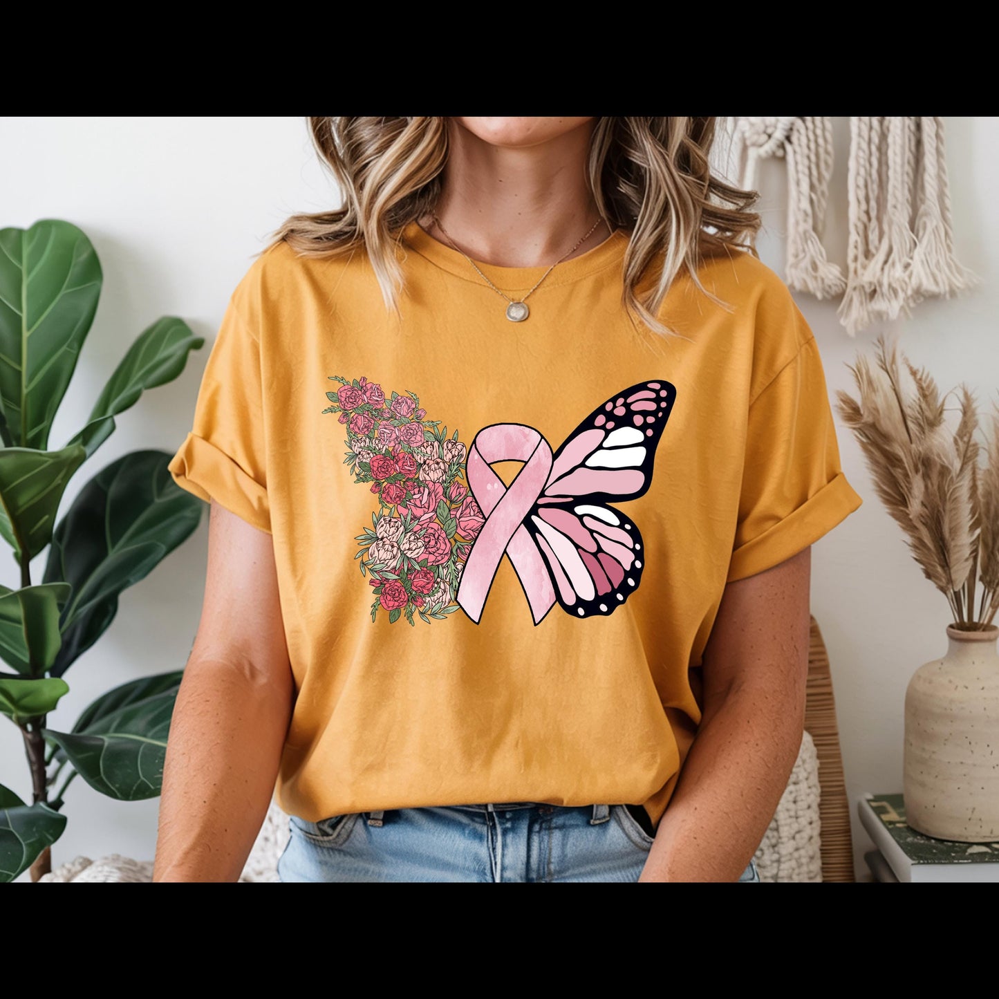Breast Cancer Awareness Shirt | Pink Ribbon Butterfly Tee | Floral Hope T-Shirt | Breast Cancer Support Survivor Gift