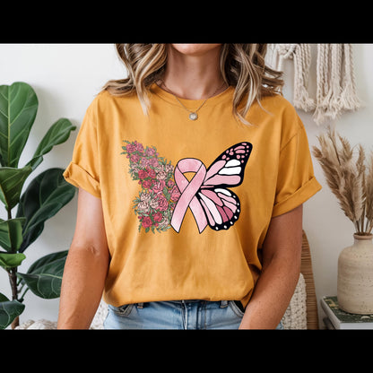 Breast Cancer Awareness Shirt | Pink Ribbon Butterfly Tee | Floral Hope T-Shirt | Breast Cancer Support Survivor Gift