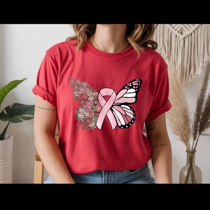Breast Cancer Awareness Shirt | Pink Ribbon Butterfly Tee | Floral Hope T-Shirt | Breast Cancer Support Survivor Gift