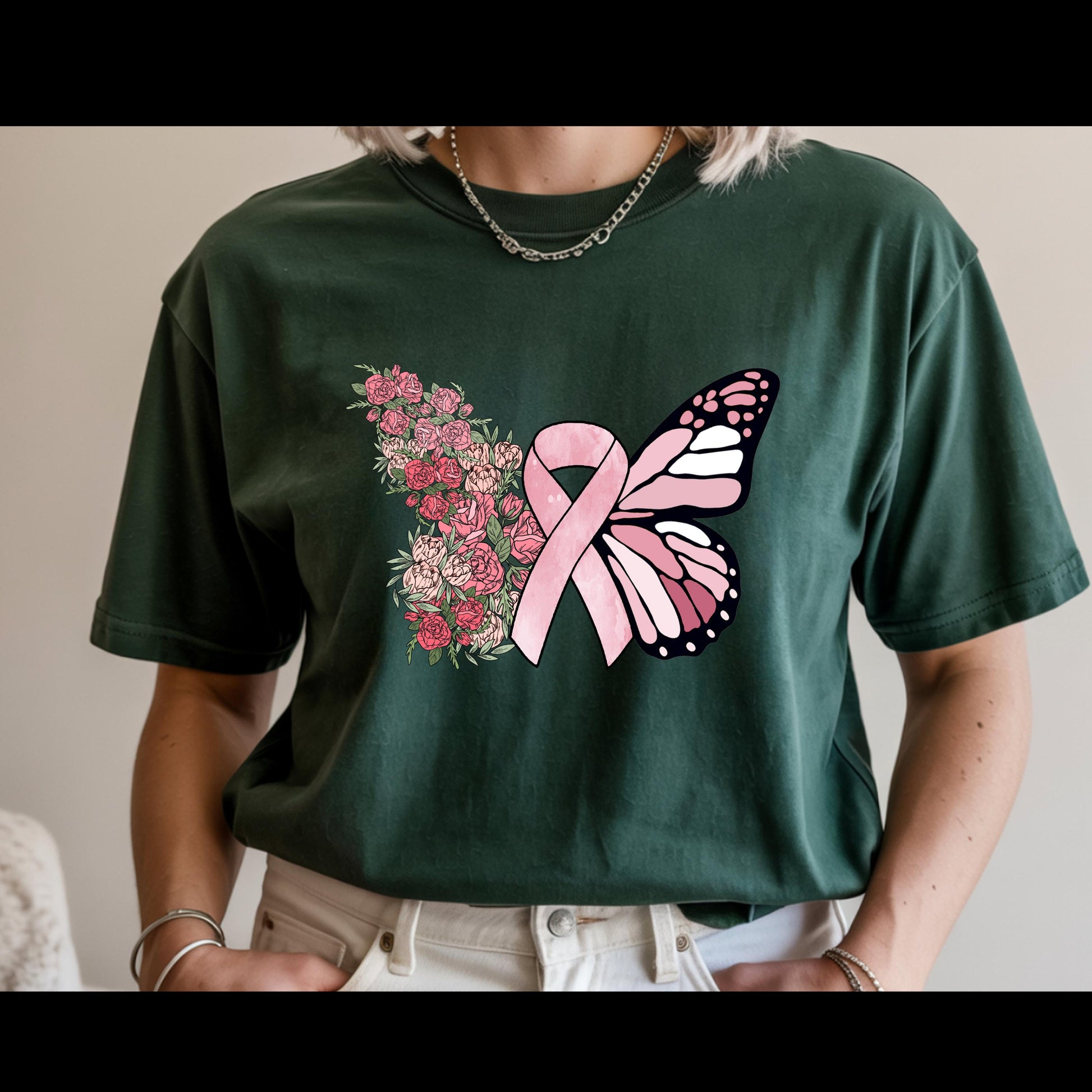 Breast Cancer Awareness Shirt | Pink Ribbon Butterfly Tee | Floral Hope T-Shirt | Breast Cancer Support Survivor Gift