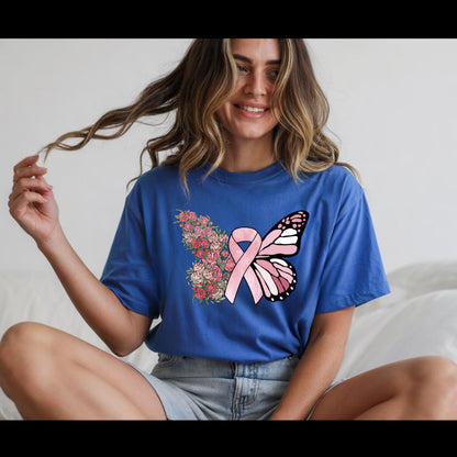 Breast Cancer Awareness Shirt | Pink Ribbon Butterfly Tee | Floral Hope T-Shirt | Breast Cancer Support Survivor Gift