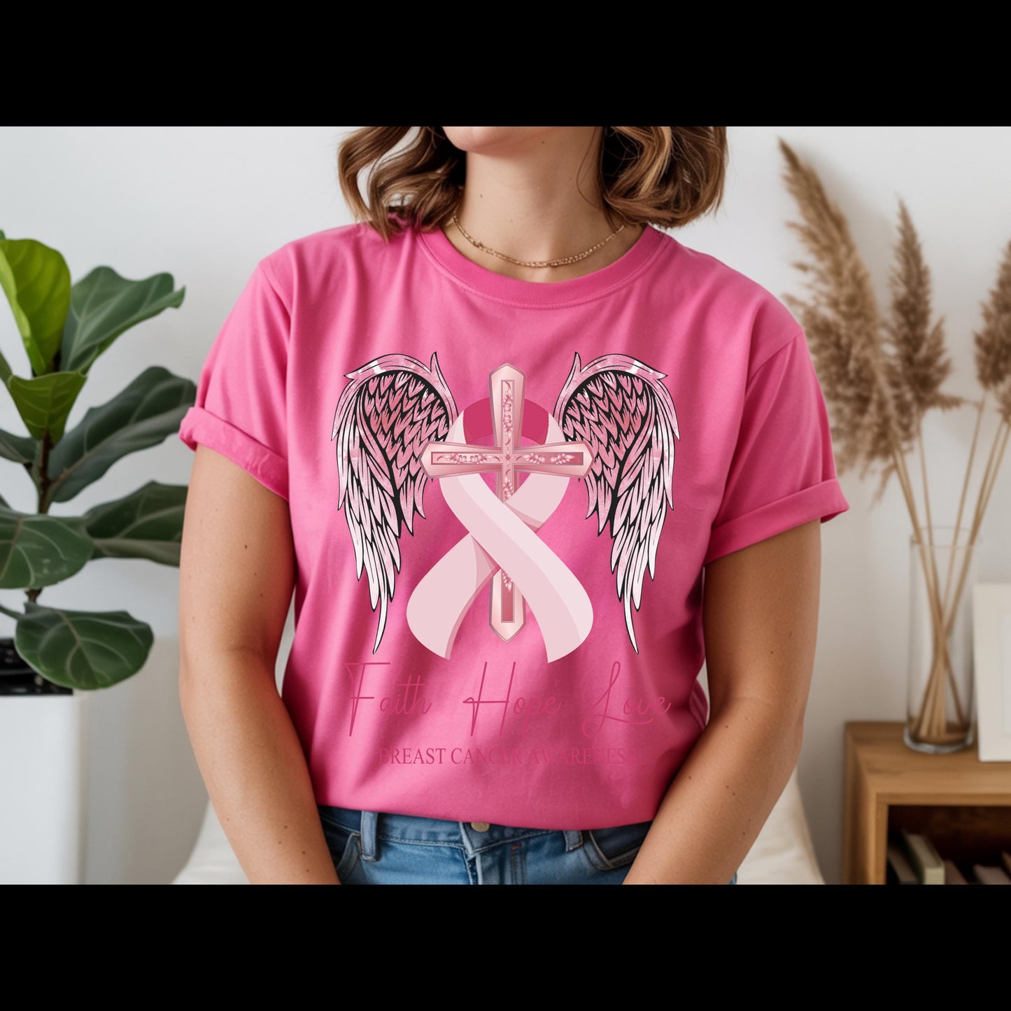 Faith Hope Love Breast Cancer Awareness Shirt | Pink Ribbon Cross Tee | Christian Cancer Support Shirt | Faith Based Awareness T-Shirt