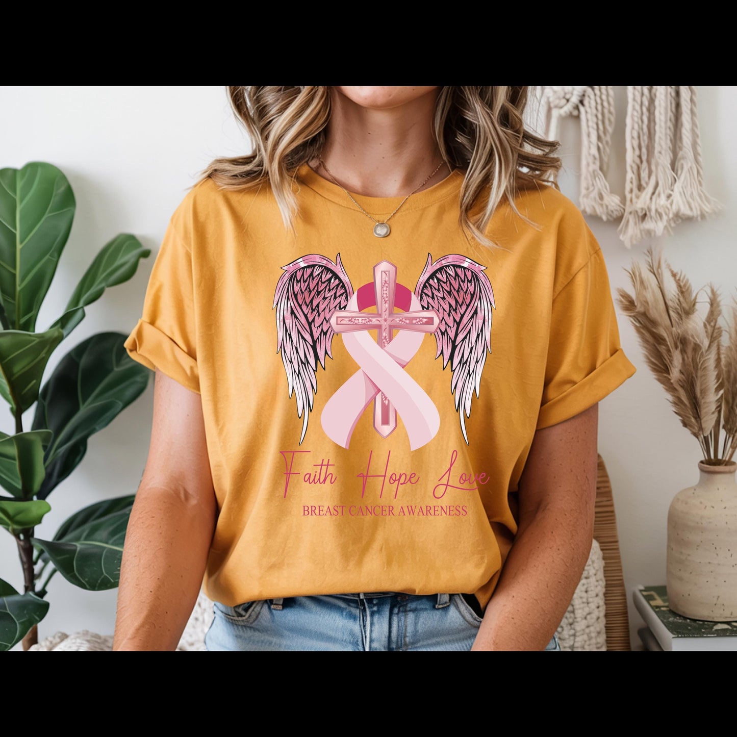 Faith Hope Love Breast Cancer Awareness Shirt | Pink Ribbon Cross Tee | Christian Cancer Support Shirt | Faith Based Awareness T-Shirt