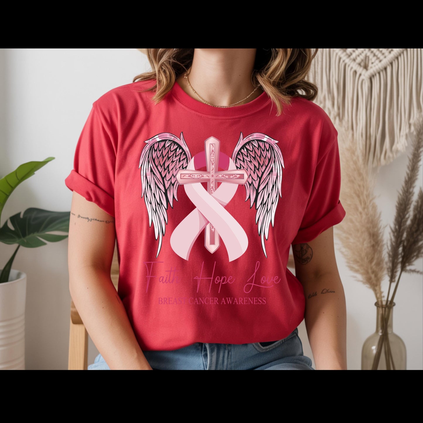 Faith Hope Love Breast Cancer Awareness Shirt | Pink Ribbon Cross Tee | Christian Cancer Support Shirt | Faith Based Awareness T-Shirt