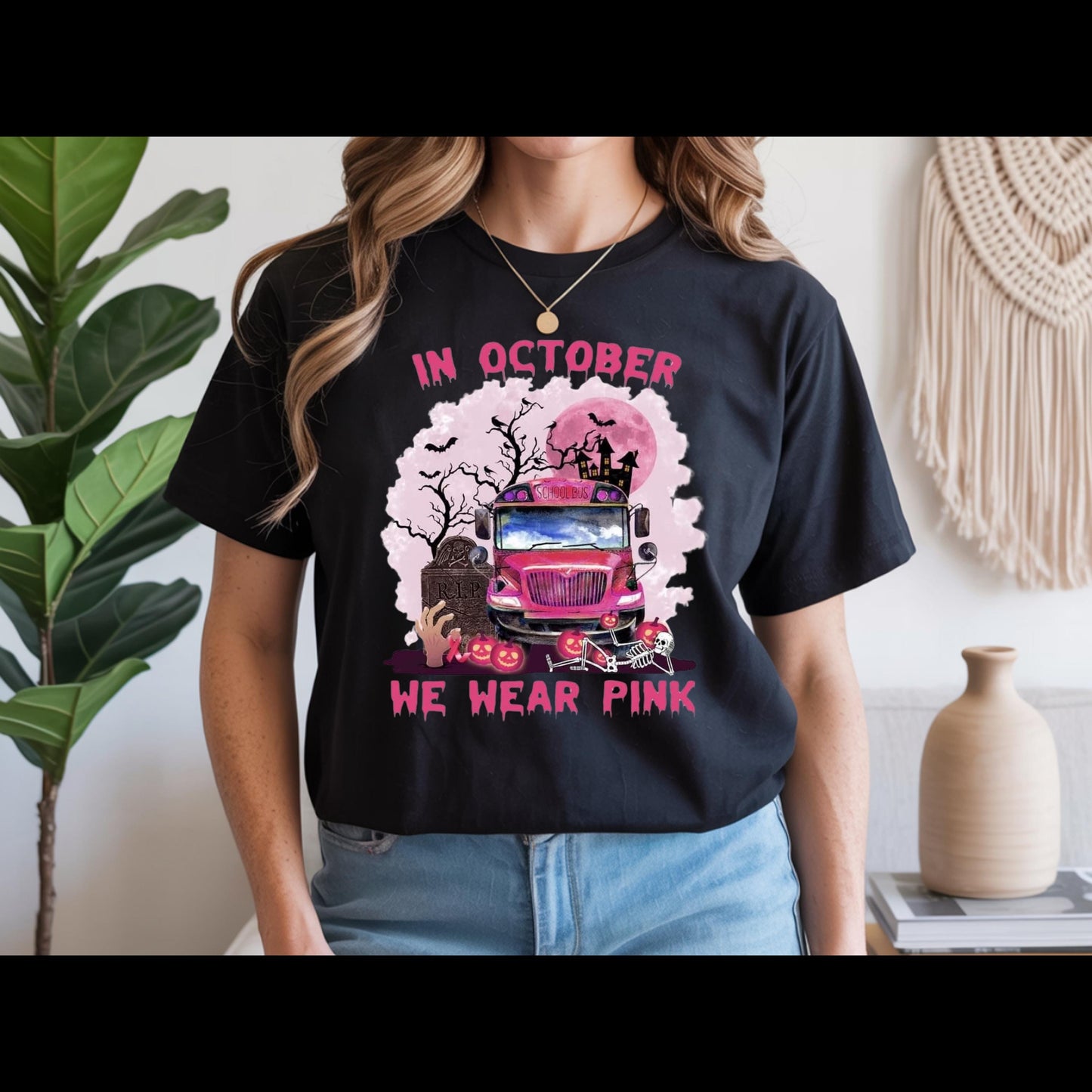 In October We Wear Pink Shirt | Breast Cancer Awareness Halloween Tee | Pink School Bus Shirt | October Awareness T-Shirt
