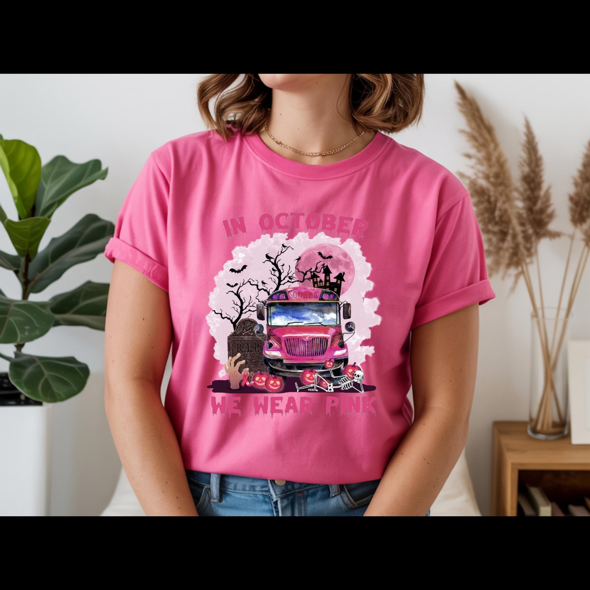 In October We Wear Pink Shirt | Breast Cancer Awareness Halloween Tee | Pink School Bus Shirt | October Awareness T-Shirt