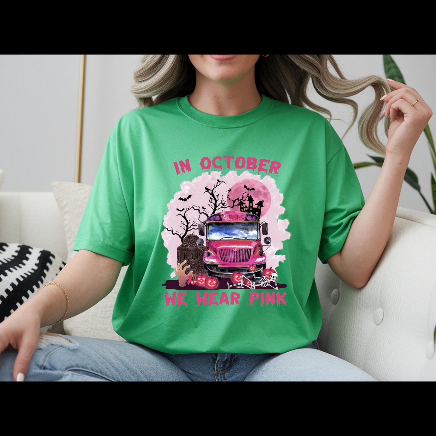 In October We Wear Pink Shirt | Breast Cancer Awareness Halloween Tee | Pink School Bus Shirt | October Awareness T-Shirt