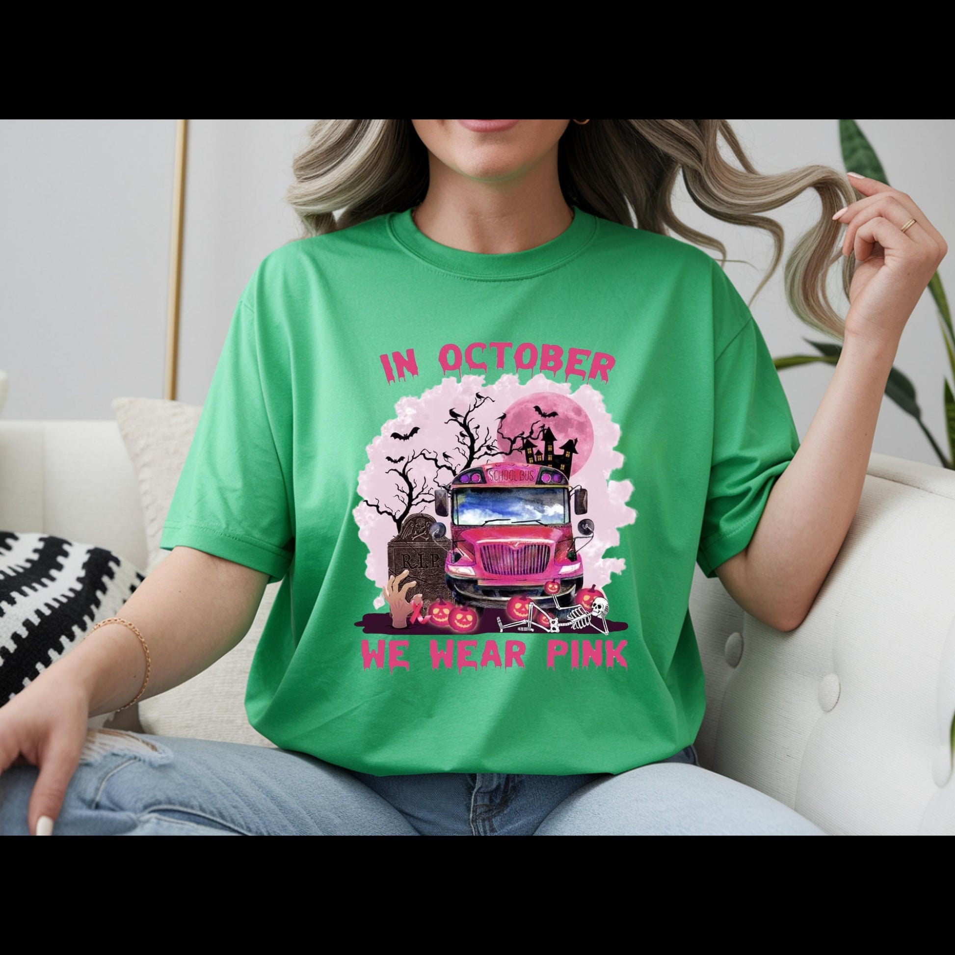 In October We Wear Pink Shirt | Breast Cancer Awareness Halloween Tee | Pink School Bus Shirt | October Awareness T-Shirt