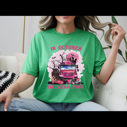In October We Wear Pink Shirt | Breast Cancer Awareness Halloween Tee | Pink School Bus Shirt | October Awareness T-Shirt