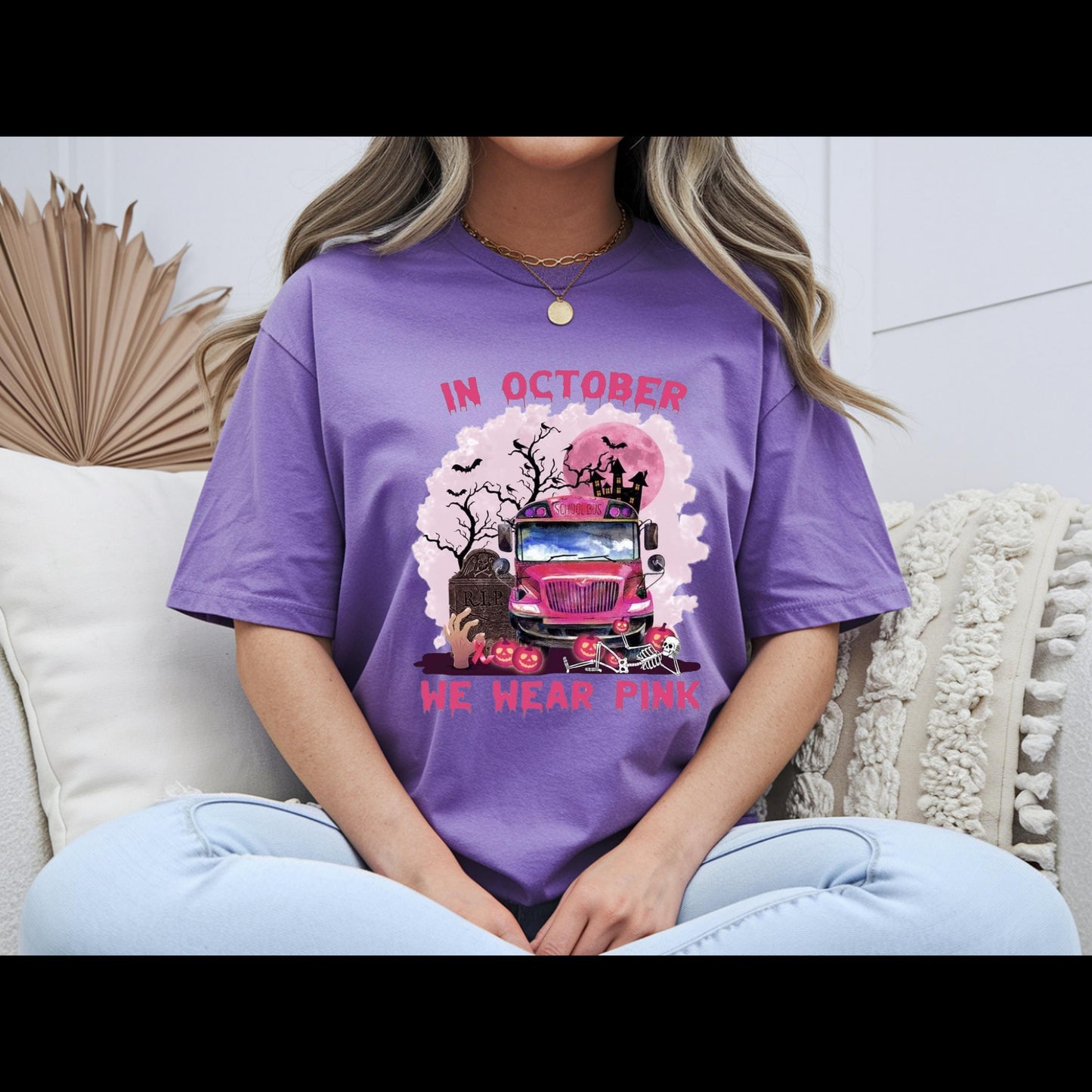 In October We Wear Pink Shirt | Breast Cancer Awareness Halloween Tee | Pink School Bus Shirt | October Awareness T-Shirt