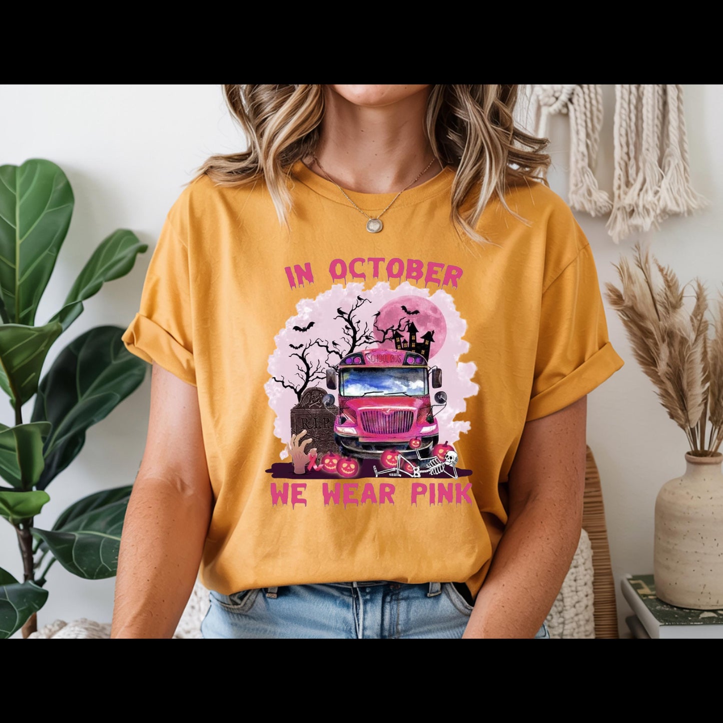 In October We Wear Pink Shirt | Breast Cancer Awareness Halloween Tee | Pink School Bus Shirt | October Awareness T-Shirt