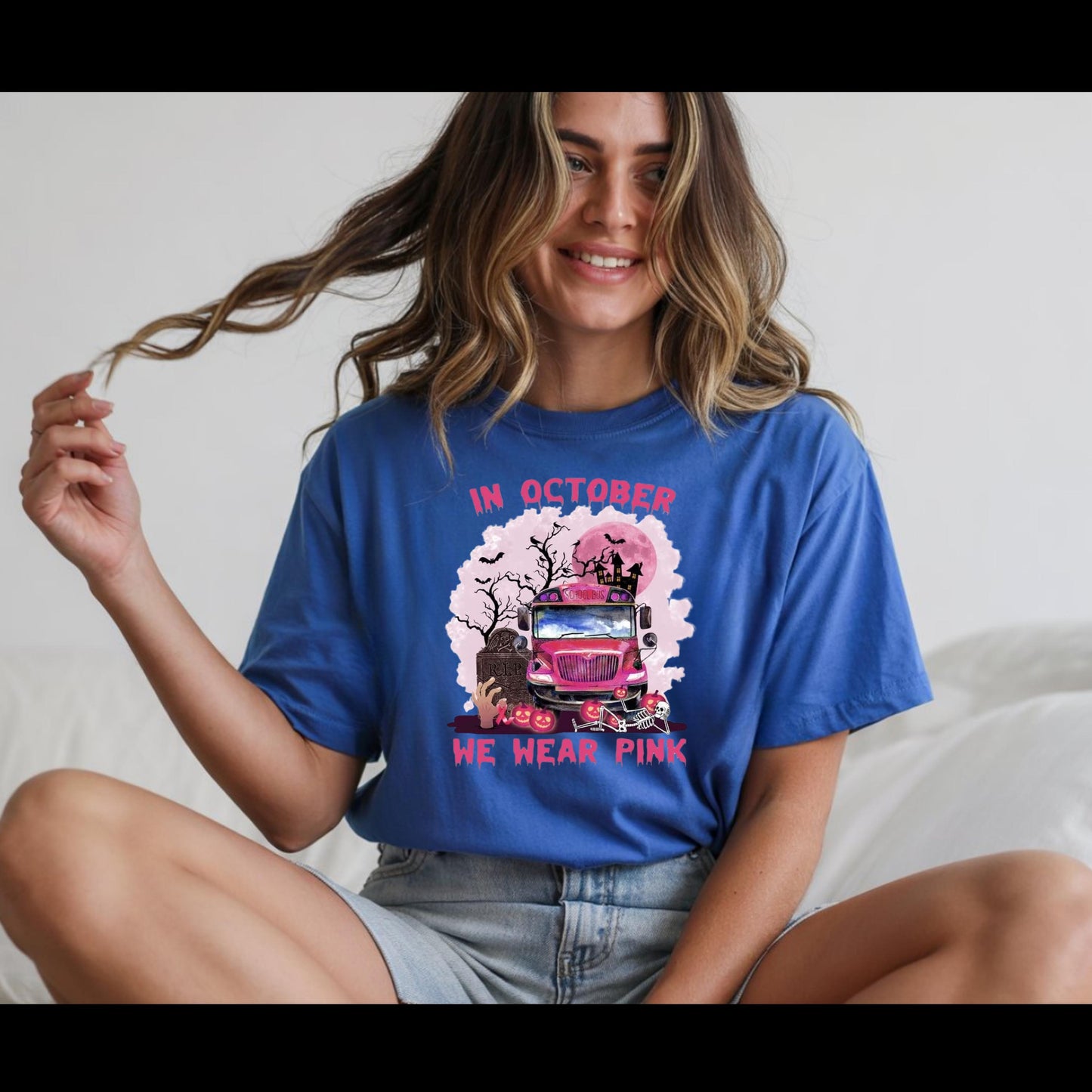 In October We Wear Pink Shirt | Breast Cancer Awareness Halloween Tee | Pink School Bus Shirt | October Awareness T-Shirt