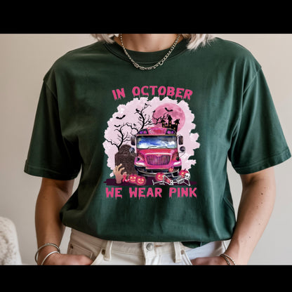 In October We Wear Pink Shirt | Breast Cancer Awareness Halloween Tee | Pink School Bus Shirt | October Awareness T-Shirt