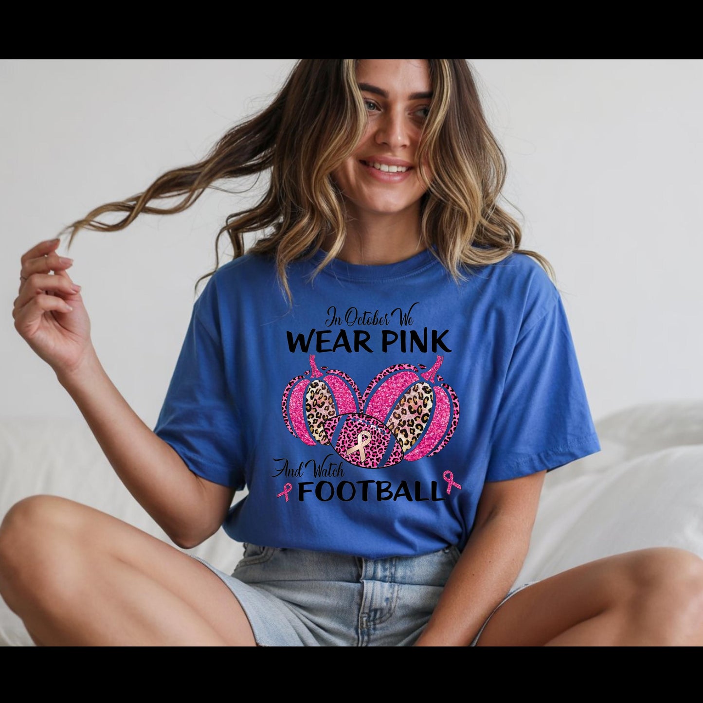 In October We Wear Pink and Watch Football Shirt | Breast Cancer Awareness Football Tee | Pink Out Game Day Shirt