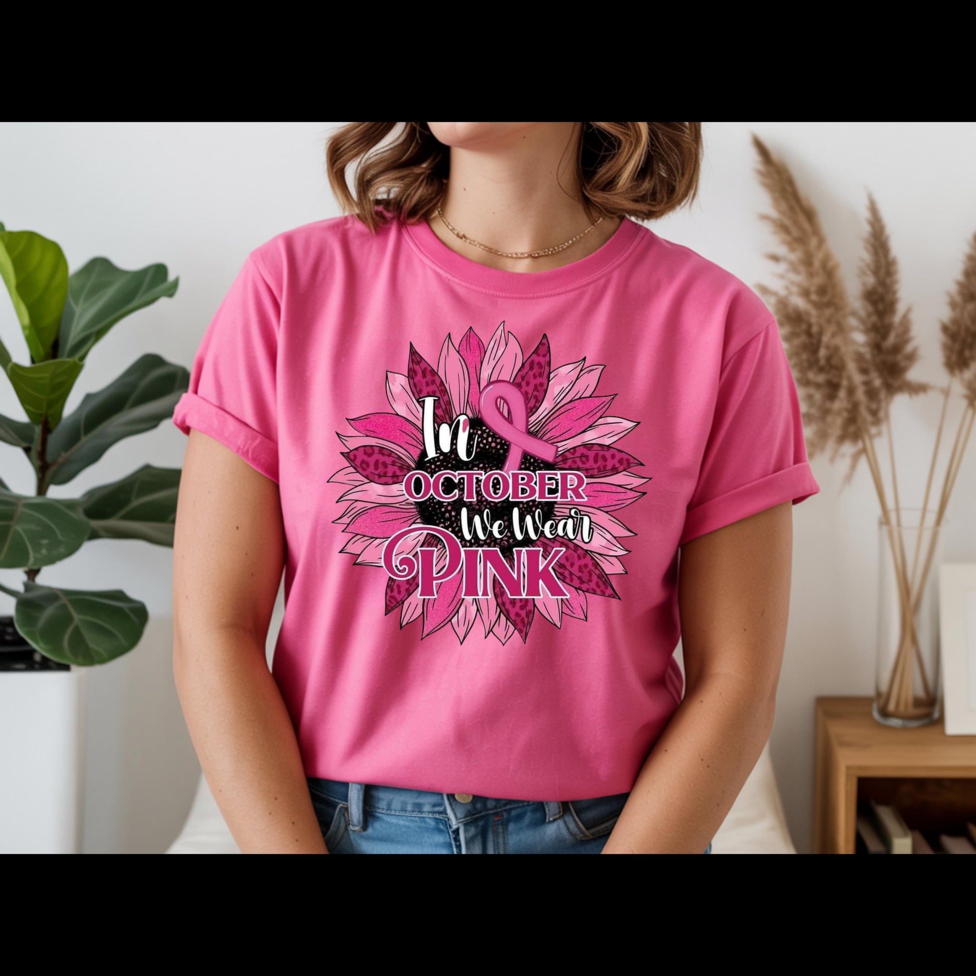 In October We Wear Pink Shirt | Breast Cancer Awareness Sunflower Tee | Pink Ribbon Floral T-Shirt | October Awareness Shirt