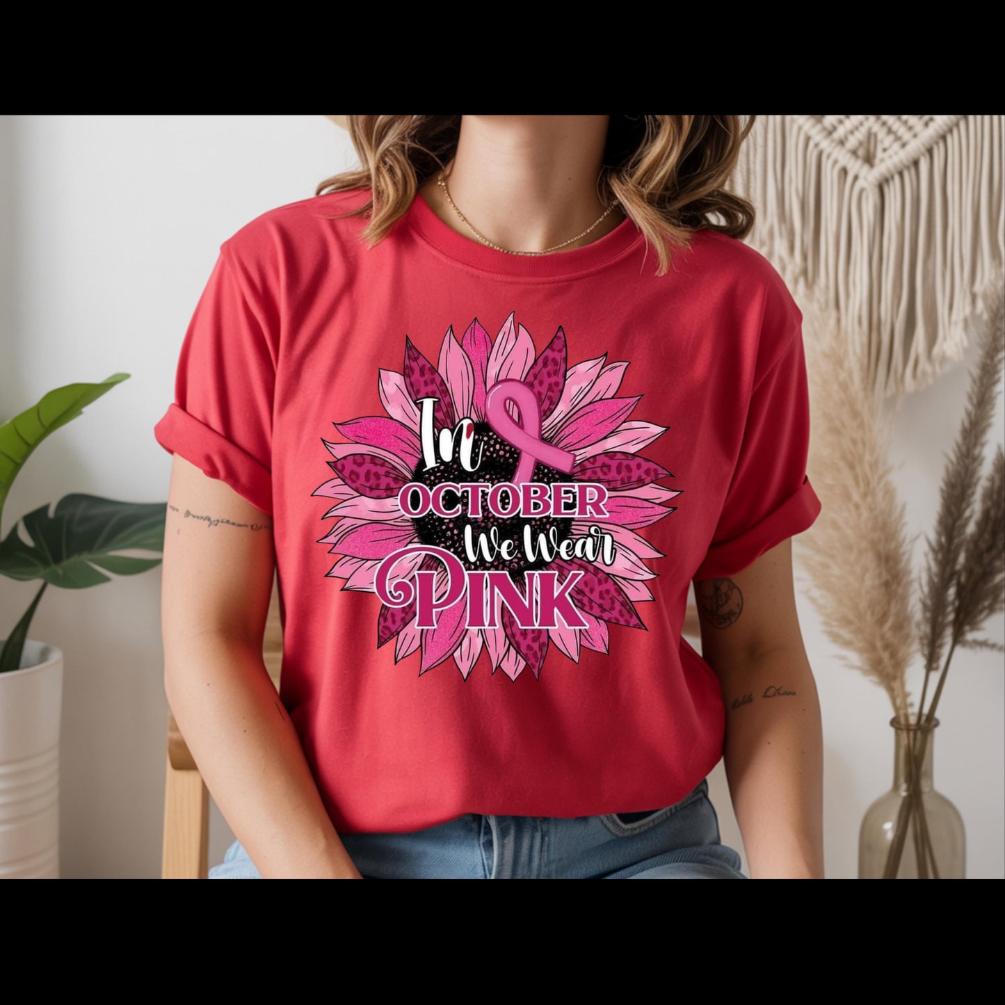 In October We Wear Pink Shirt | Breast Cancer Awareness Sunflower Tee | Pink Ribbon Floral T-Shirt | October Awareness Shirt
