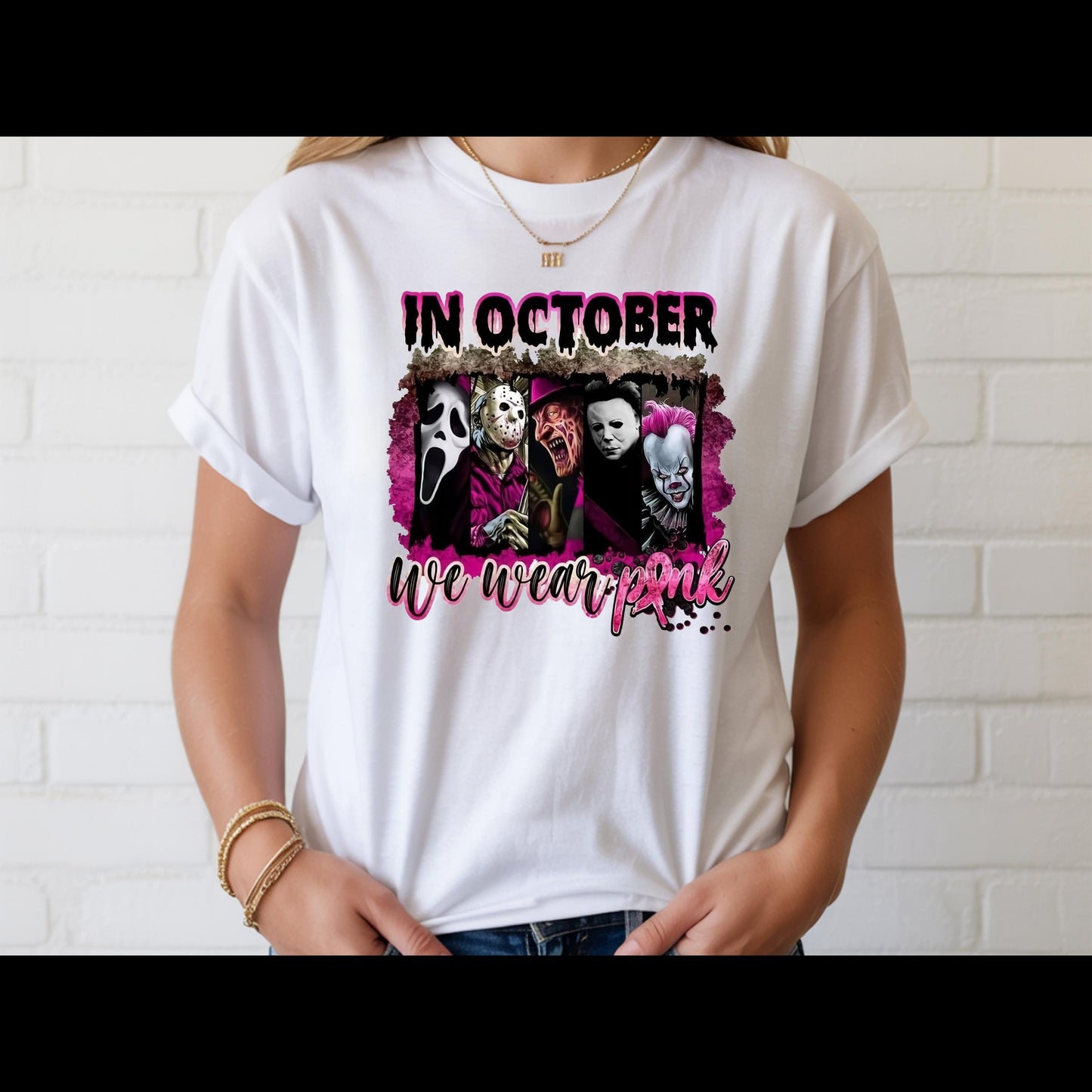 In October We Wear Pink Horror Shirt | Breast Cancer Awareness Halloween Tee | Spooky Pink Out Shirt