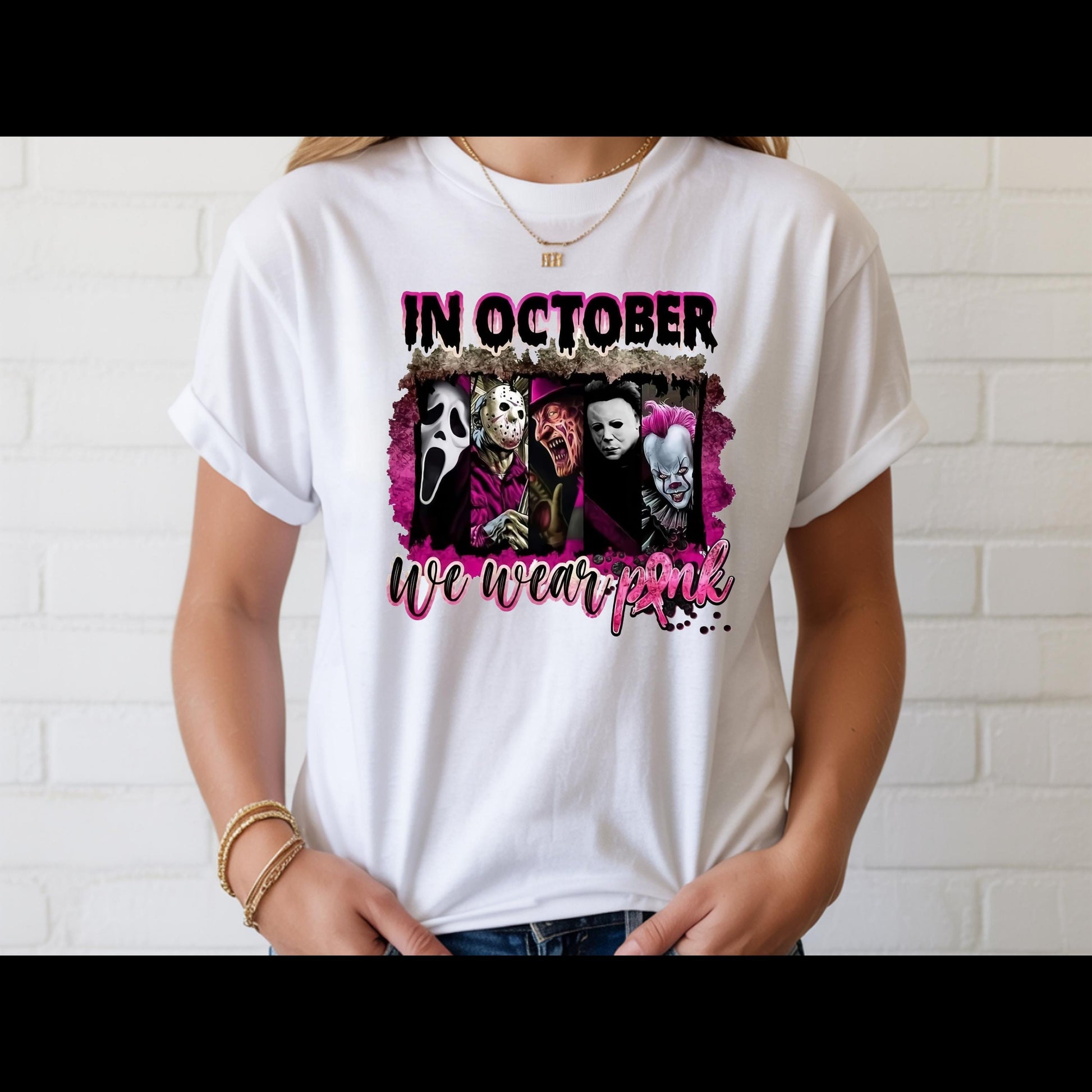 In October We Wear Pink Horror Shirt | Breast Cancer Awareness Halloween Tee | Spooky Pink Out Shirt