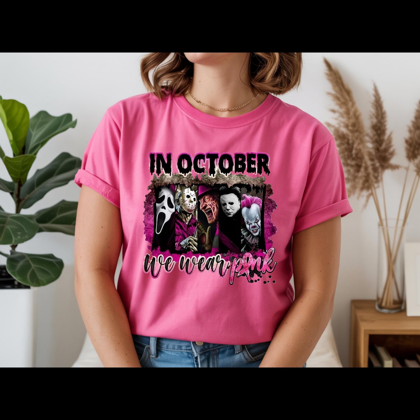 In October We Wear Pink Horror Shirt | Breast Cancer Awareness Halloween Tee | Spooky Pink Out Shirt